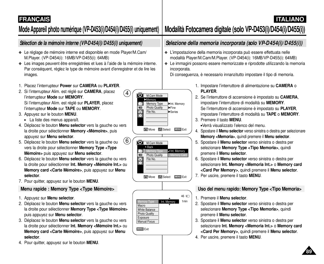 Samsung VP-M110R/XEF manual Menu rapide Memory Type Type Mémoire, Uso del menu rapido Memory Type Tipo Memoria 