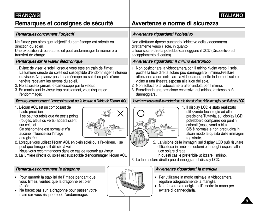 Samsung VP-M110R/XEF manual Remarques sur le viseur électronique, Avvertenze riguardanti il mirino elettronico 