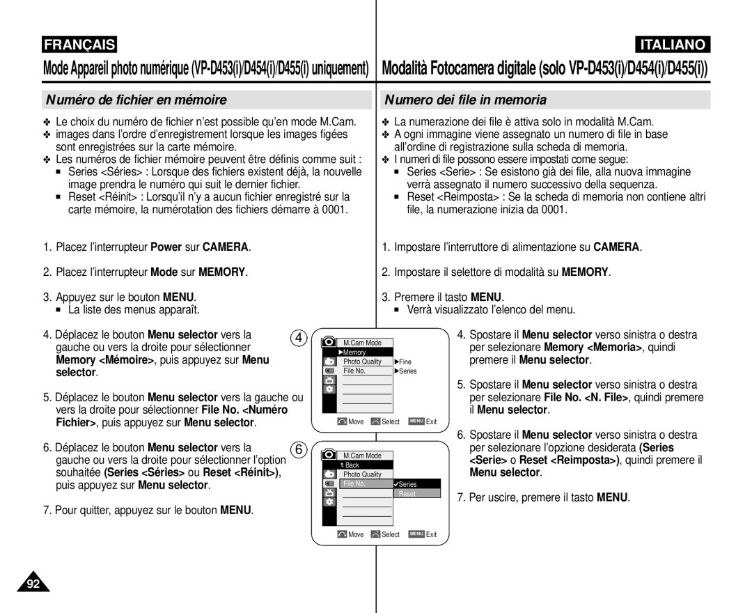 Samsung VP-M110R/XEF manual Numéro de fichier en mémoire, Numero dei file in memoria, Il Menu selector 