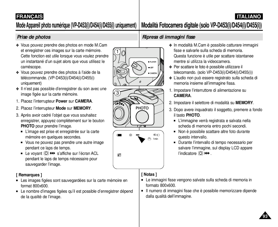 Samsung VP-M110R/XEF manual Prise de photos, Ripresa di immagini fisse 