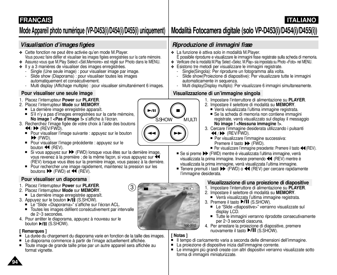 Samsung VP-M110R/XEF manual Visualisation d’images figées, Riproduzione di immagini fisse, Pour visualiser un diaporama 