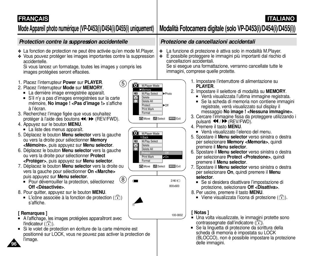 Samsung VP-M110R/XEF manual Off Désactivée, Una volta visualizzate, le immagini protette sono 