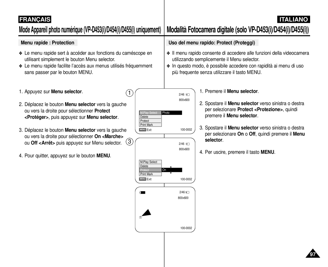 Samsung VP-M110R/XEF manual Uso del menu rapido Protect Proteggi, Premere il Menu selector 