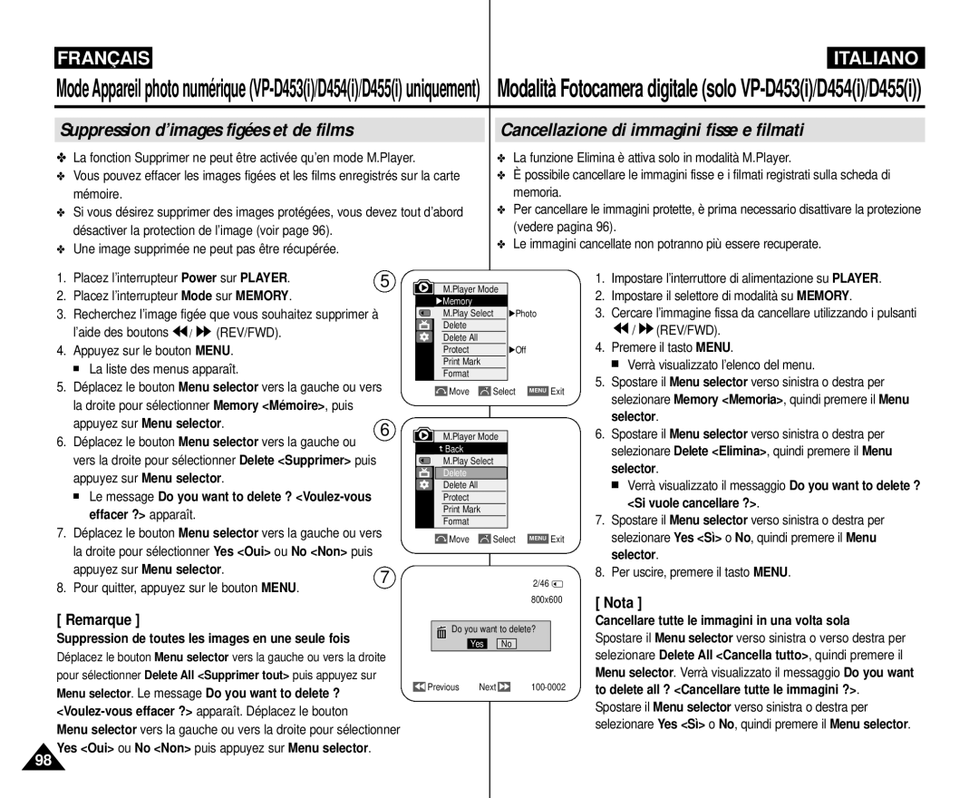 Samsung VP-M110R/XEF Suppression d’images figées et de films, Cancellazione di immagini fisse e filmati, Nota Remarque 