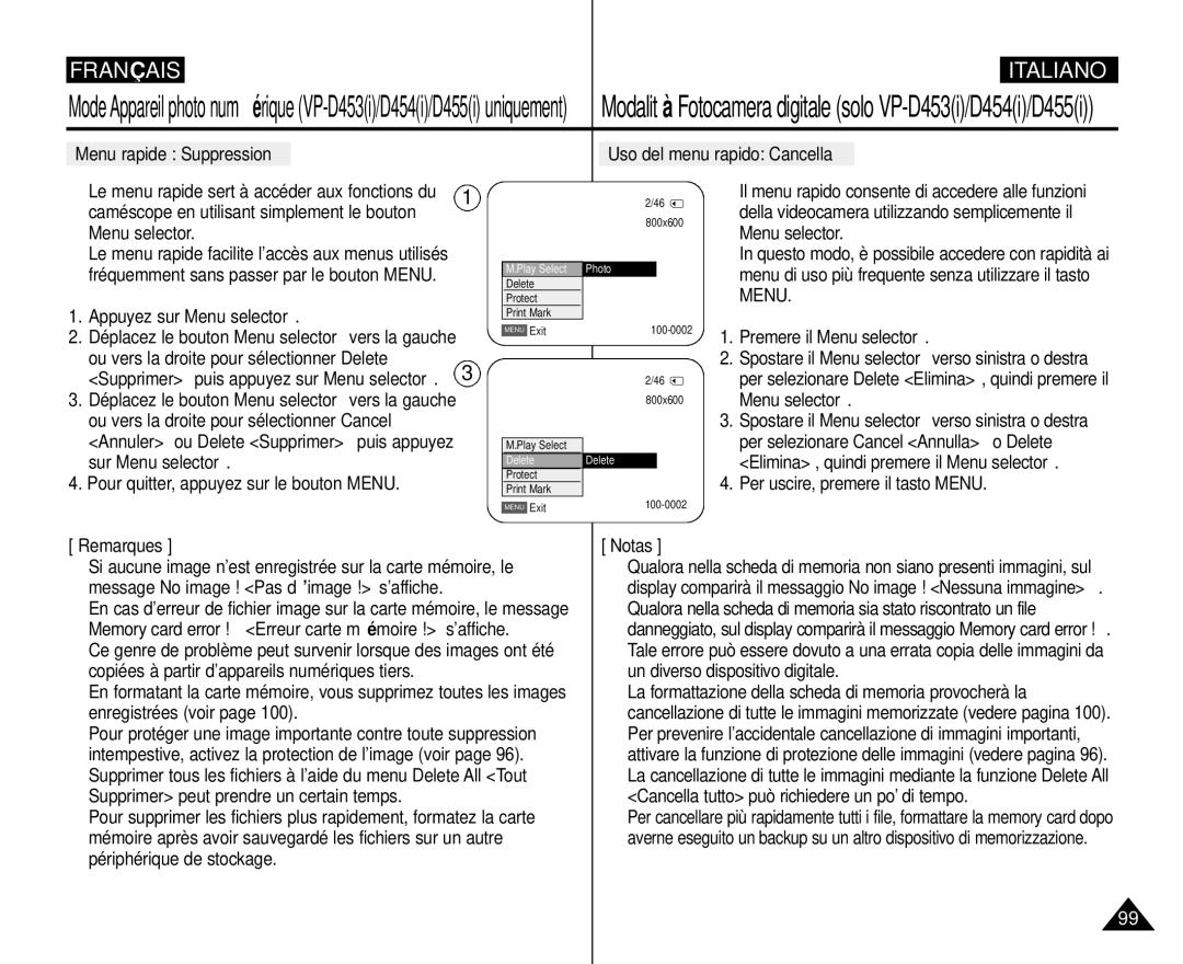 Samsung VP-M110R/XEF manual Menu rapide Suppression Uso del menu rapido Cancella, Remarques 