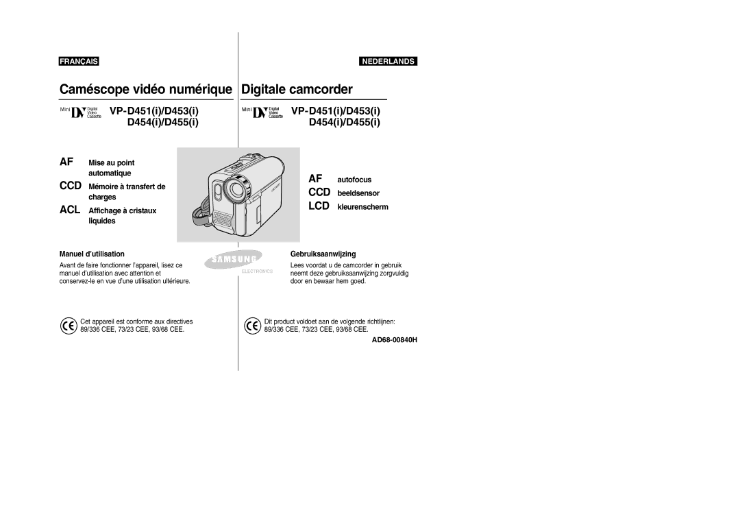 Samsung VP-M110R/XEF manual Caméscope vidéo numérique Digitale camcorder, VP-D451i/D453i 