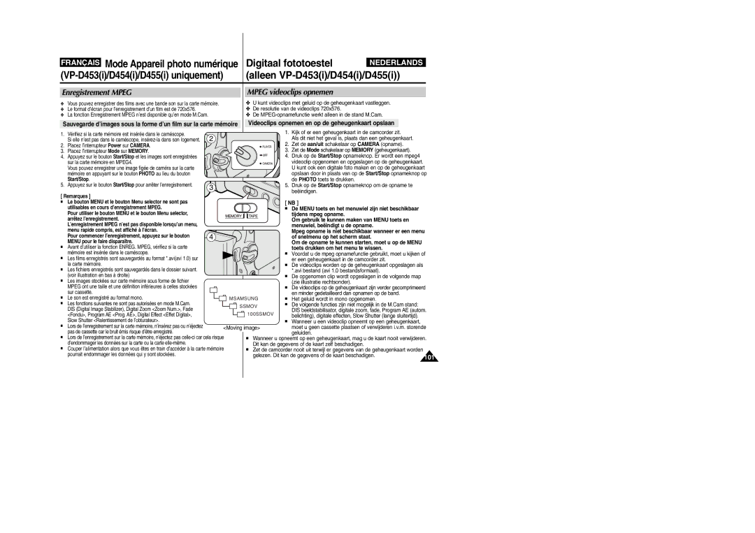 Samsung VP-M110R/XEF manual Enregistrement Mpeg Mpeg videoclips opnemen, Videoclips opnemen en op de geheugenkaart opslaan 