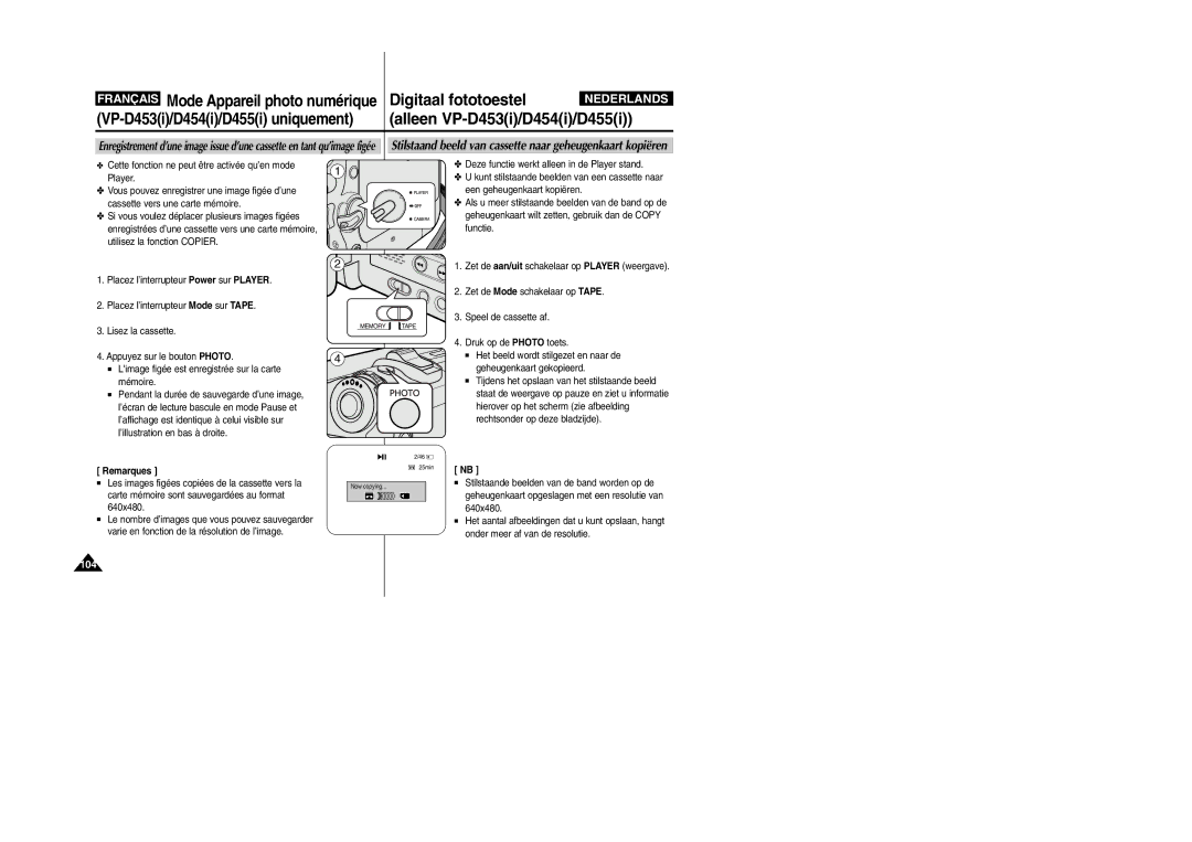 Samsung VP-M110R/XEF manual Stilstaand beeld van cassette naar geheugenkaart kopiëren, Player 