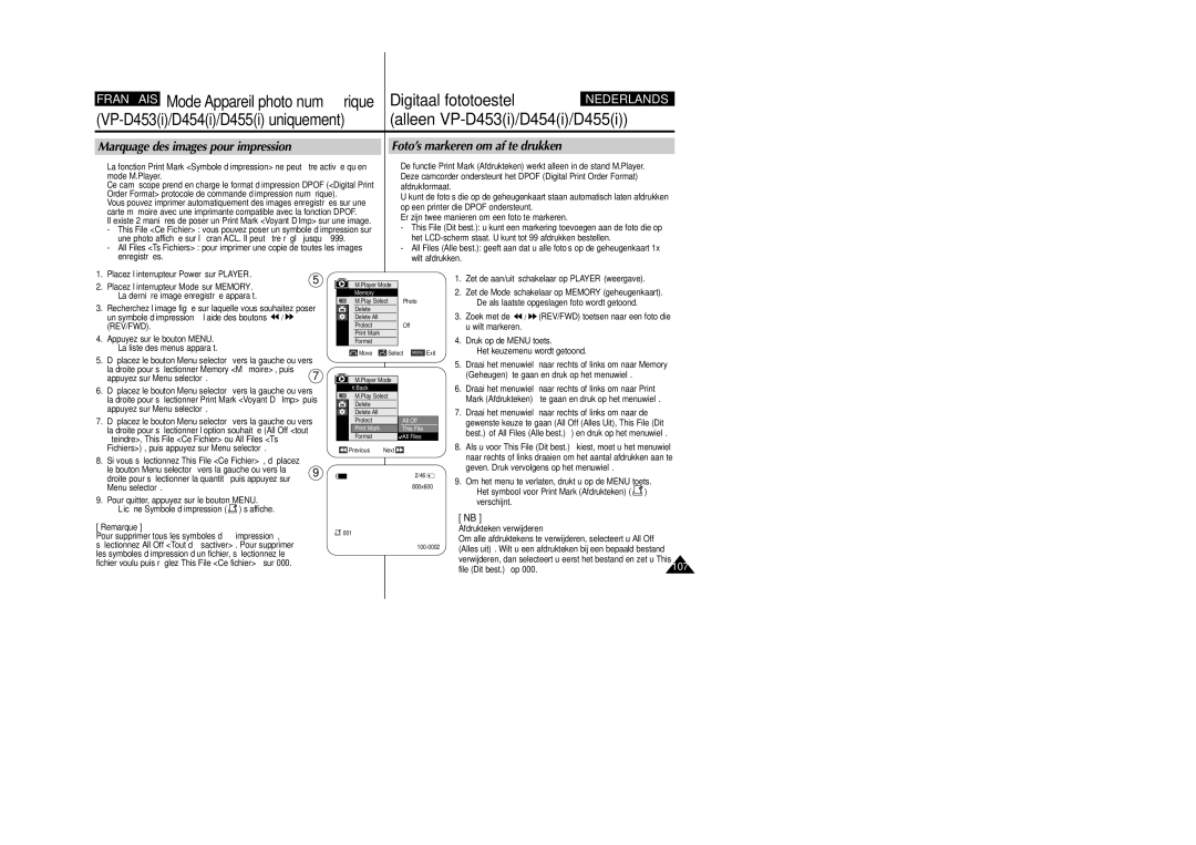 Samsung VP-M110R/XEF manual Marquage des images pour impression, Foto’s markeren om af te drukken, File Dit best. op 