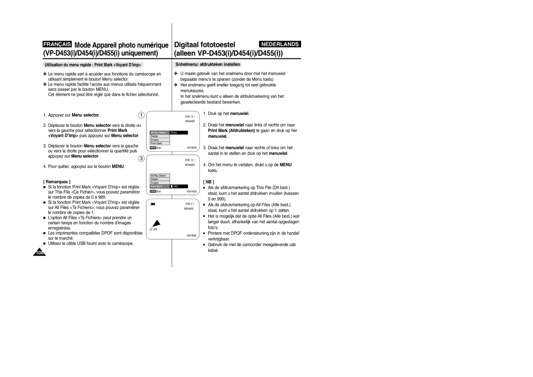 Samsung VP-M110R/XEF manual Snhelmenu afdrukteken instellen, Foto’s, Verkrijgbaar, Kabel 