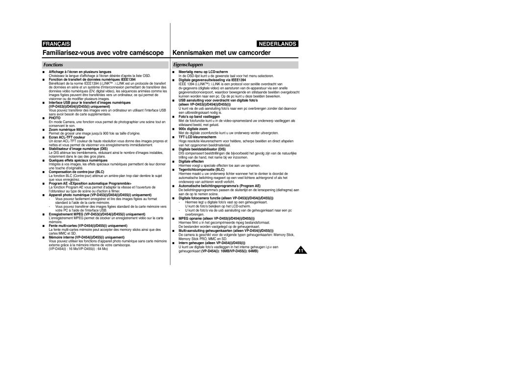 Samsung VP-M110R/XEF manual Fonctions, Eigenschappen 