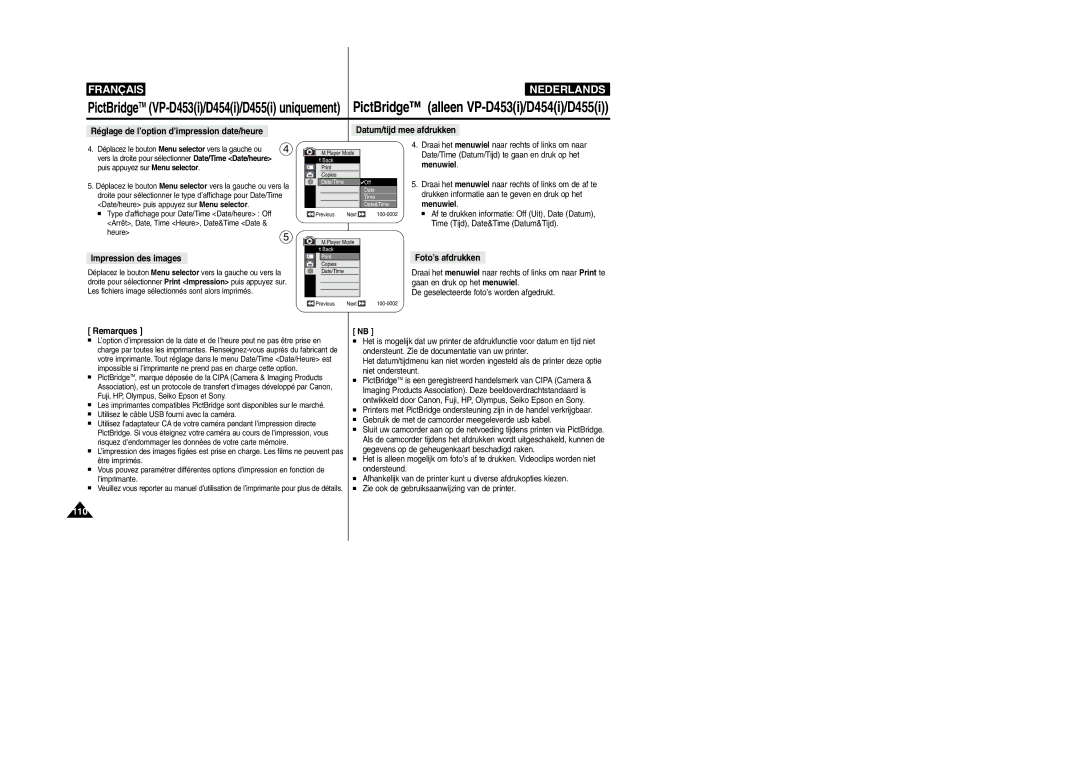 Samsung VP-M110R/XEF manual Réglage de l’option d’impression date/heure, Impression des images, Datum/tijd mee afdrukken 