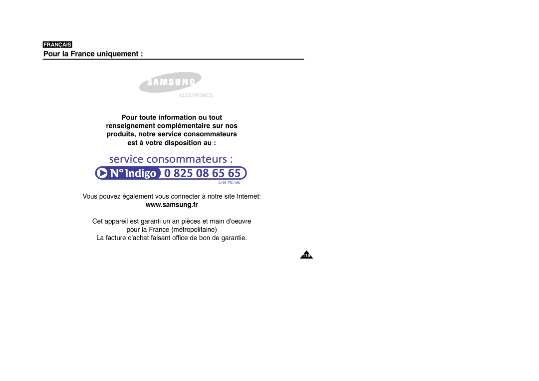 Samsung VP-M110R/XEF manual Pour la France uniquement 