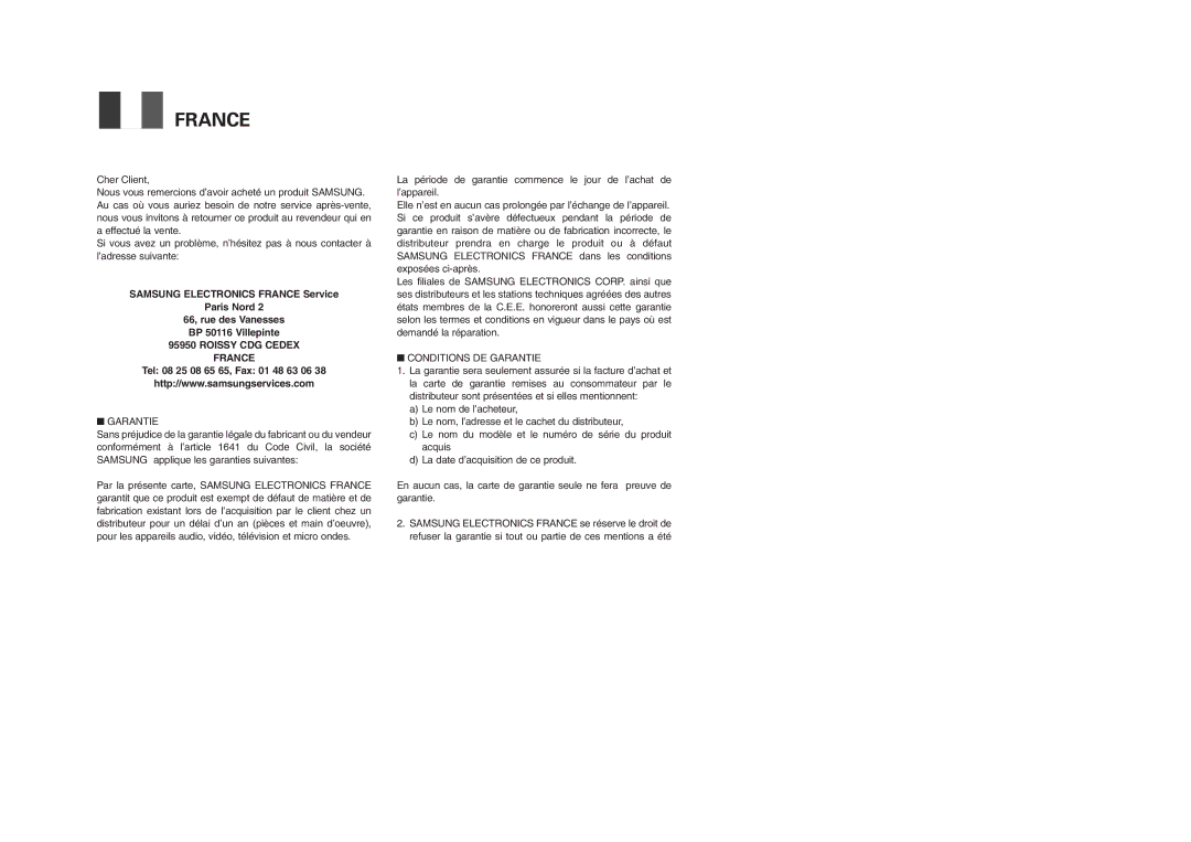 Samsung VP-M110R/XEF manual France 