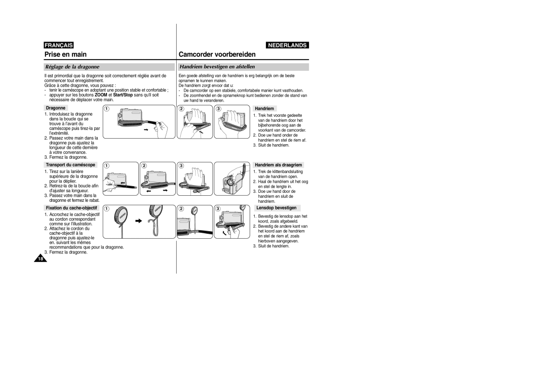 Samsung VP-M110R/XEF manual Camcorder voorbereiden, Réglage de la dragonne, Handriem bevestigen en afstellen, Dragonne1 