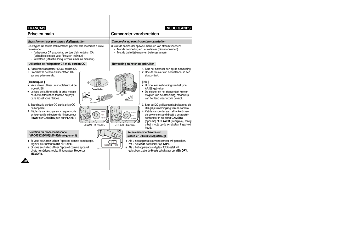 Samsung VP-M110R/XEF manual Branchement sur une source dalimentation, Camcorder op een stroombron aansluiten 