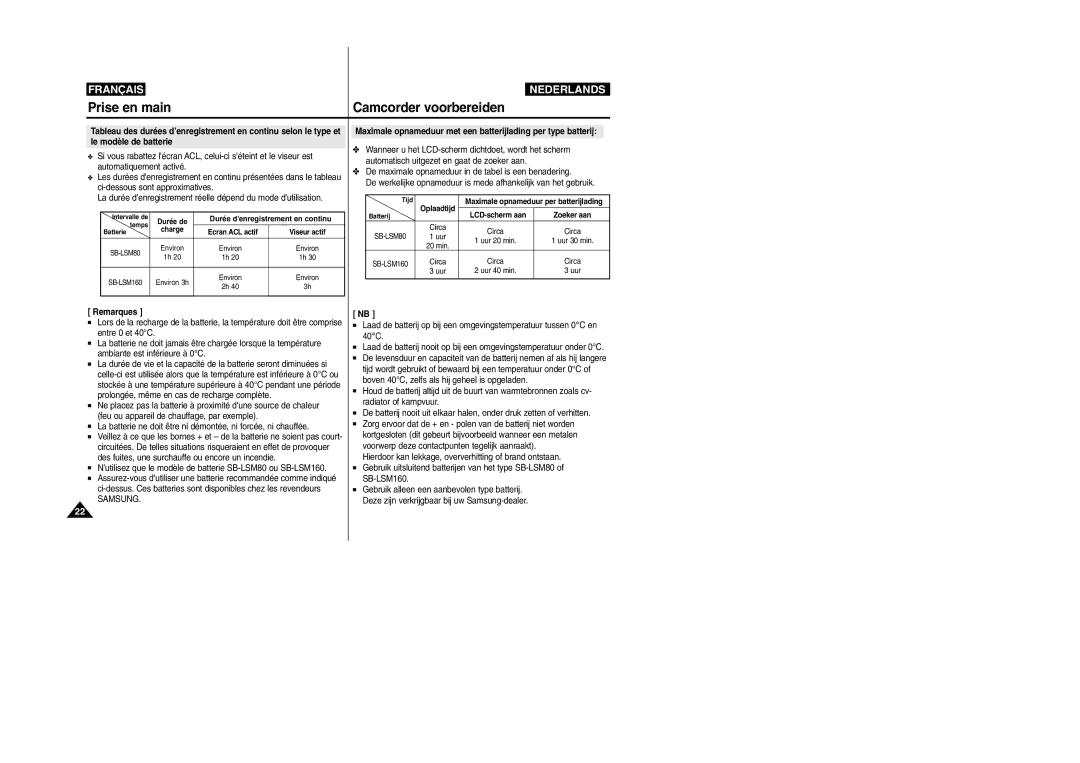 Samsung VP-M110R/XEF manual Maximale opnameduur met een batterijlading per type batterij, LCD-scherm aan 