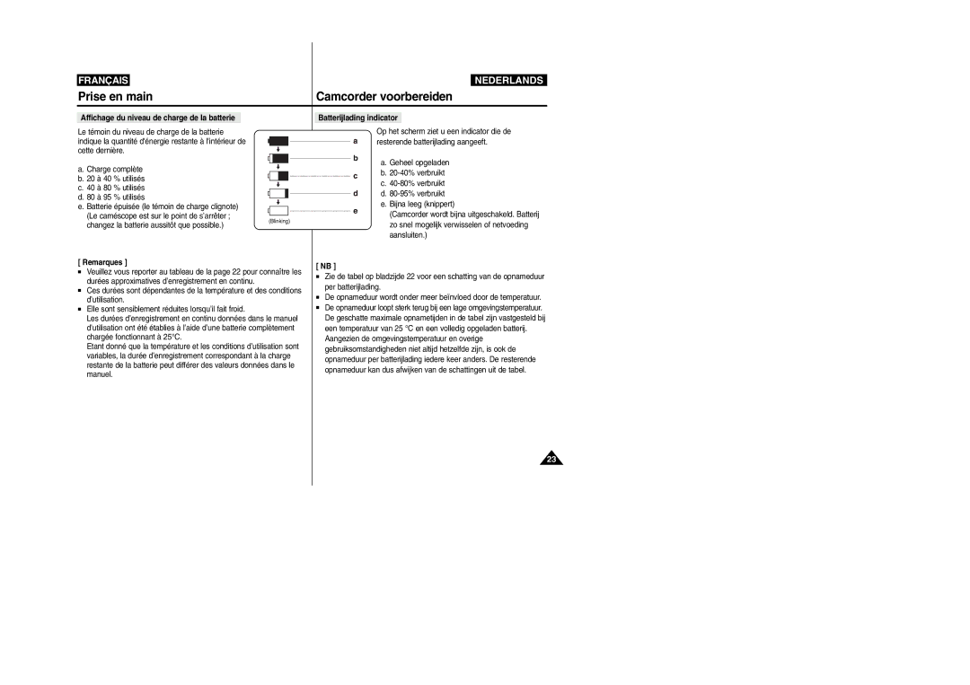 Samsung VP-M110R/XEF manual Affichage du niveau de charge de la batterie, Batterijlading indicator 