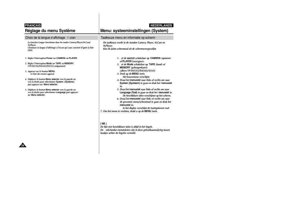 Samsung VP-M110R/XEF Réglage du menu Système, Menu systeeminstellingen System, Choix de la langue d’affichage à l’écran 