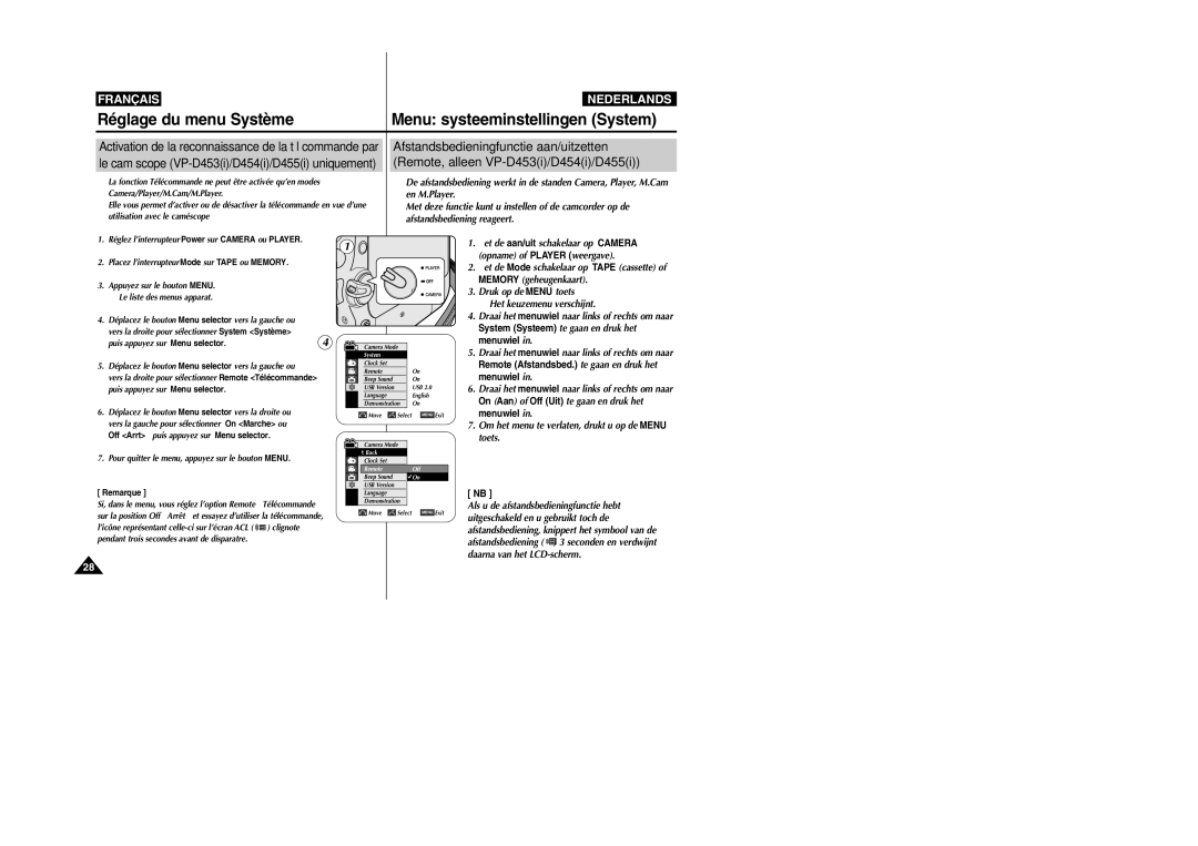 Samsung VP-M110R/XEF Réglage du menu Système Menu systeeminstellingen System, Le caméscope VP-D453i/D454i/D455i uniquement 