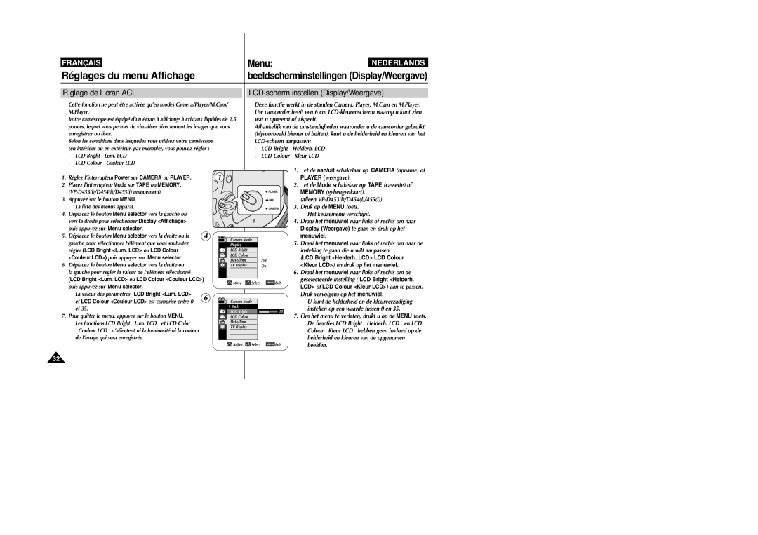 Samsung VP-M110R/XEF manual Réglage de l’écran ACL, LCD-scherm instellen Display/Weergave 