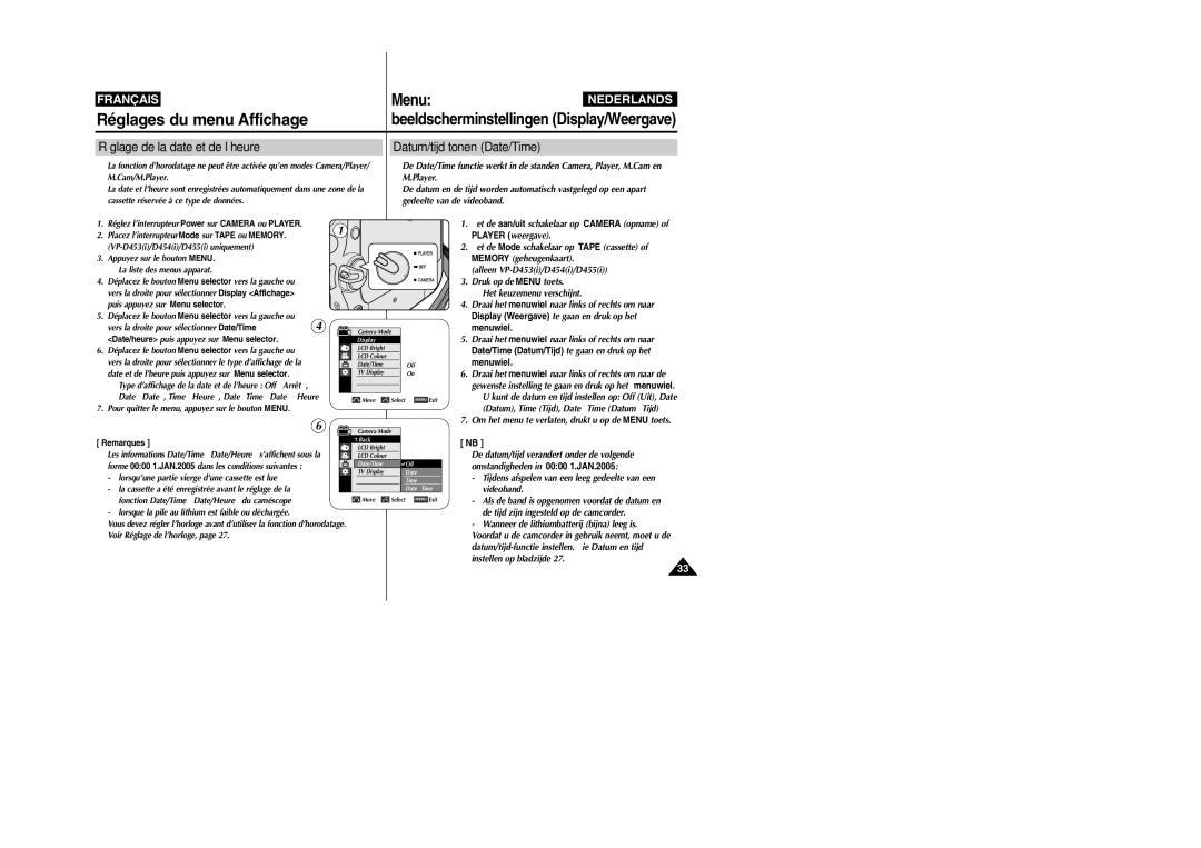 Samsung VP-M110R/XEF manual Réglage de la date et de l’heure Datum/tijd tonen Date/Time, Menuwiel 