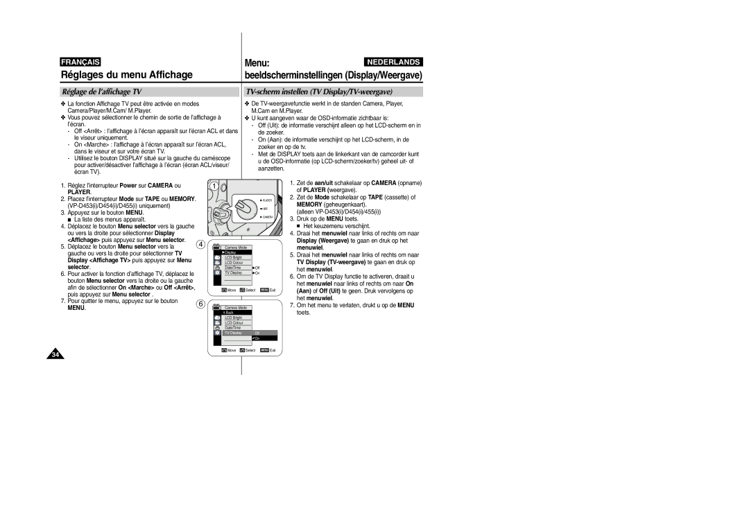 Samsung VP-M110R/XEF manual Réglage de l’affichage TV, TV-scherm instellen TV Display/TV-weergave 