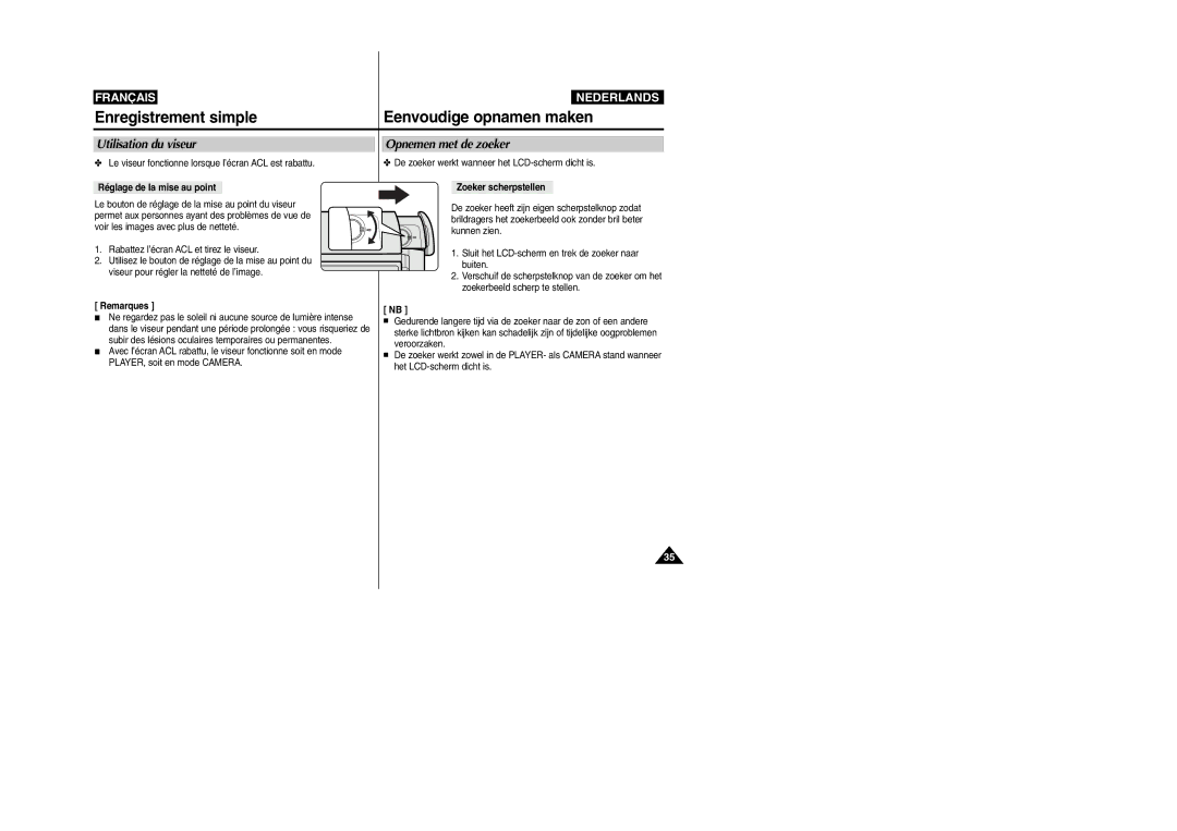 Samsung VP-M110R/XEF manual Utilisation du viseur Opnemen met de zoeker, Réglage de la mise au point, Zoeker scherpstellen 