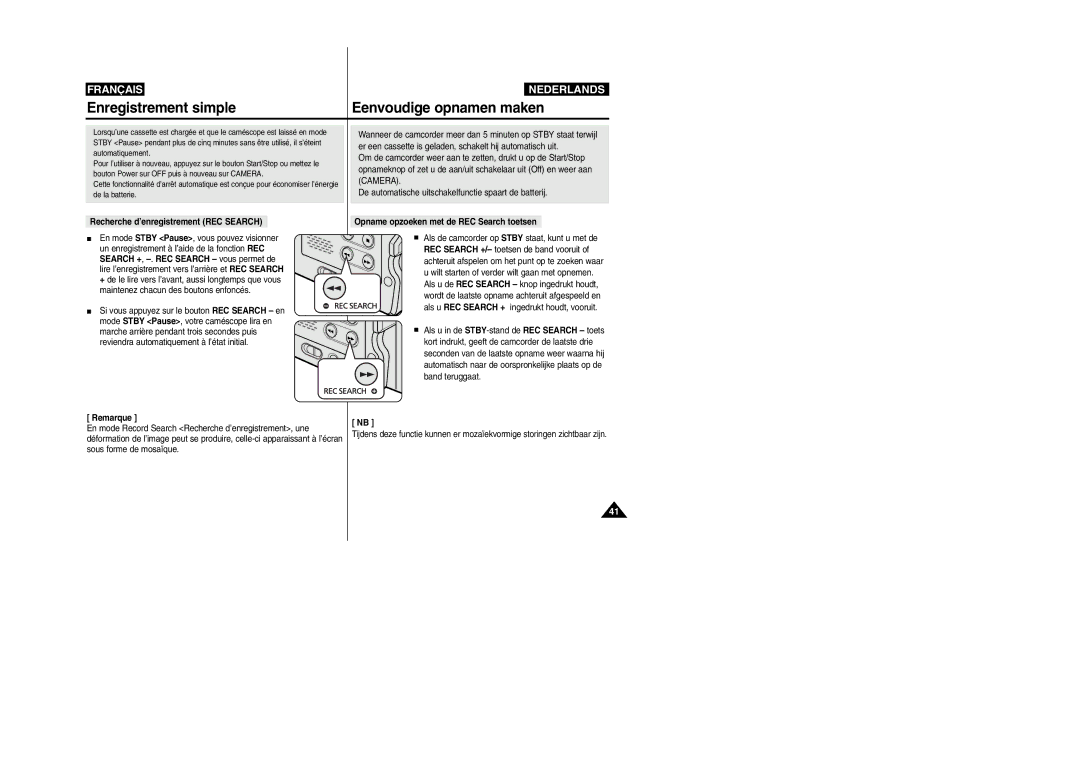 Samsung VP-M110R/XEF manual Enregistrement simple, Eenvoudige opnamen maken, Recherche d’enregistrement REC Search 