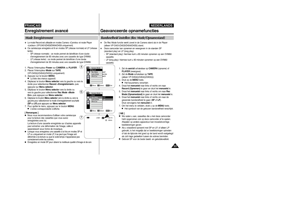 Samsung VP-M110R/XEF Mode Enregistrement, Bandsnelheid instellen Rec Mode/Opnamestand, Enr puis appuyez sur Menu selector 