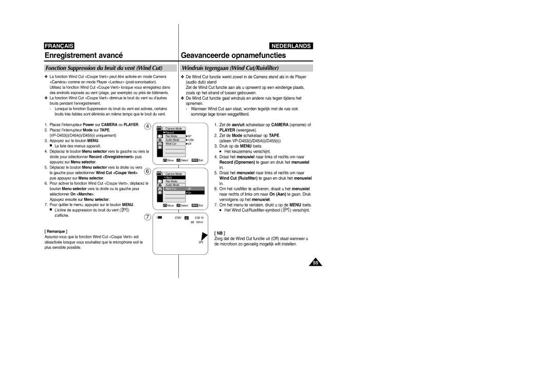 Samsung VP-M110R/XEF manual Fonction Suppression du bruit du vent Wind Cut, Windruis tegengaan Wind Cut/Ruisfilter 