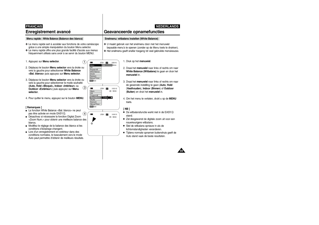 Samsung VP-M110R/XEF manual Menu rapide White Balance Balance des blancs, Snelmenu witbalans instellen White Balance 