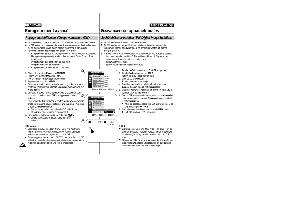 Samsung VP-M110R/XEF manual Réglage du stabilisateur d’image numérique DIS, Selector 