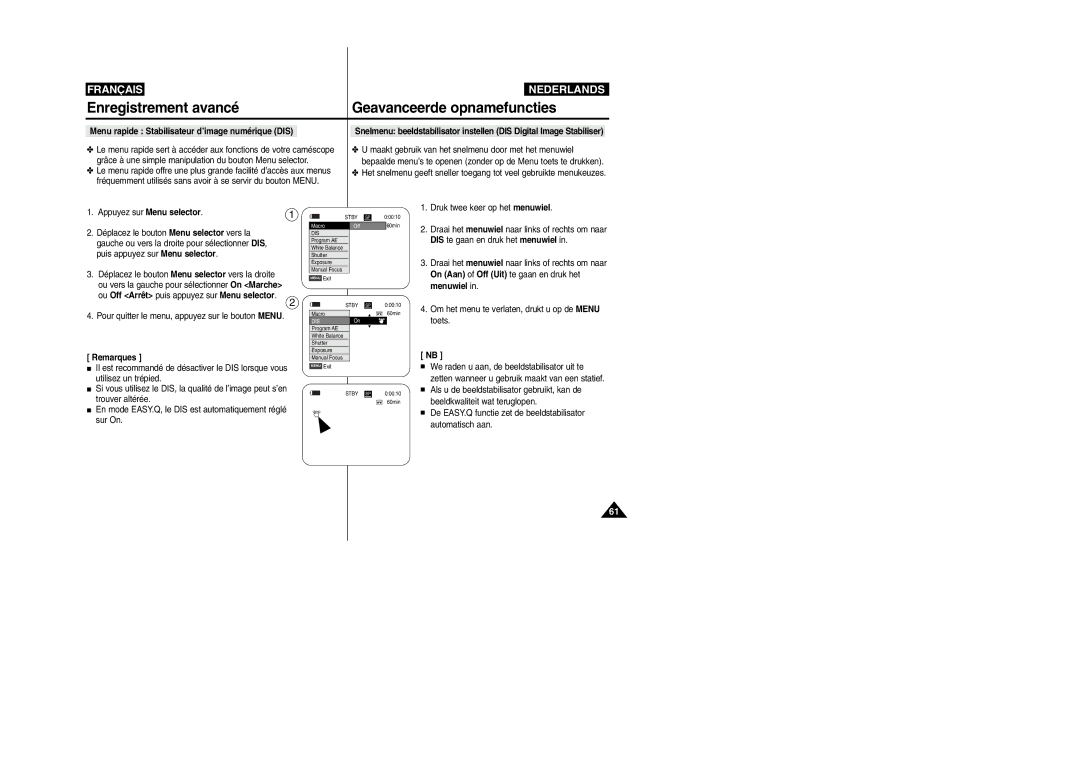 Samsung VP-M110R/XEF manual Menu rapide Stabilisateur d’image numérique DIS 