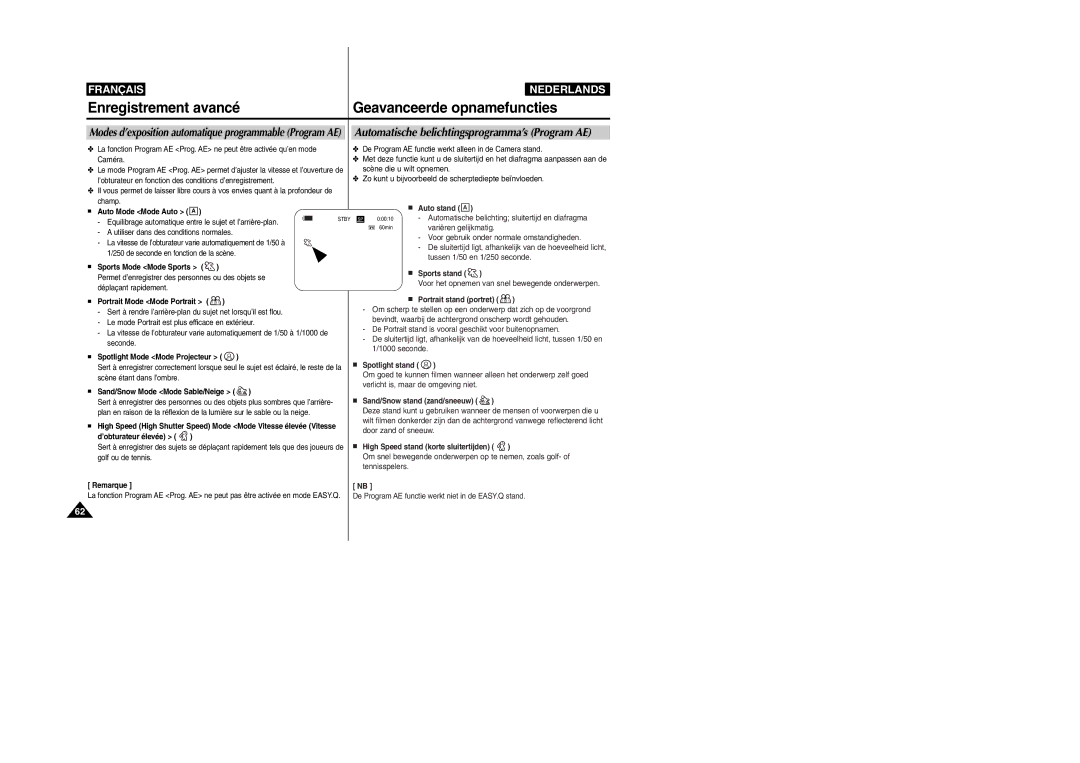 Samsung VP-M110R/XEF manual Automatische belichtingsprogramma’s Program AE 