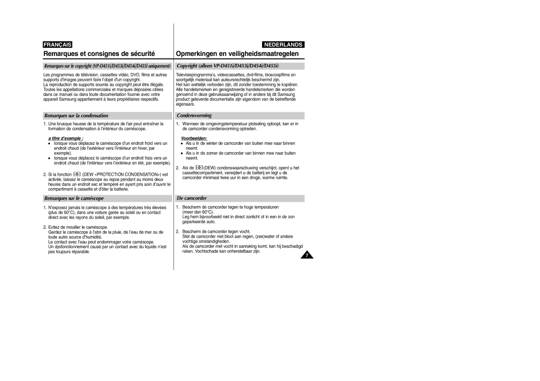 Samsung VP-M110R/XEF manual Copyright alleen VP-D451i/D453i/D454i/D455i, Remarques sur la condensation, Condensvorming 