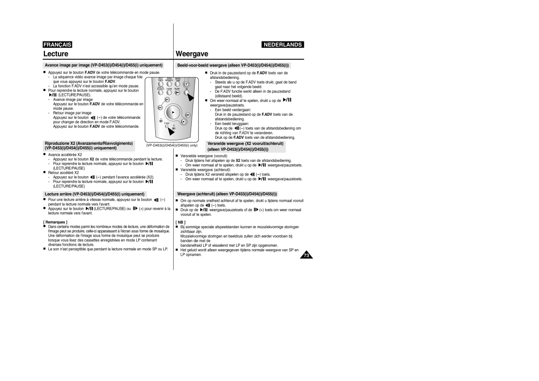 Samsung VP-M110R/XEF manual Lecture arrière VP-D453i/D454i/D455i uniquement, Weergave achteruit alleen VP-D453i/D454i/D455i 