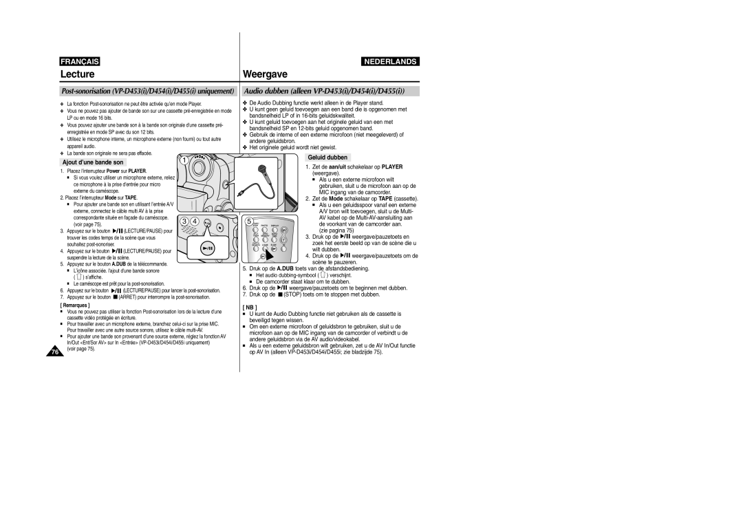 Samsung VP-M110R/XEF manual Audio dubben alleen VP-D453i/D454i/D455i, Ajout d’une bande son, Geluid dubben 