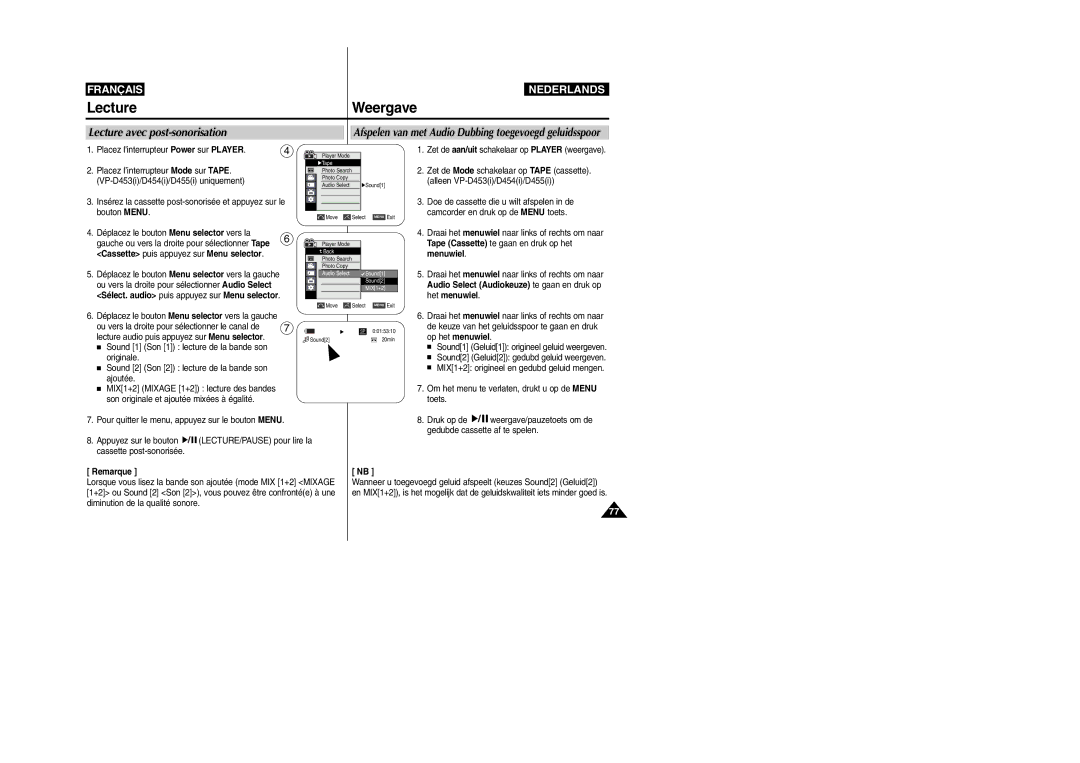 Samsung VP-M110R/XEF manual Lecture avec post-sonorisation, Cassette puis appuyez sur Menu selector 