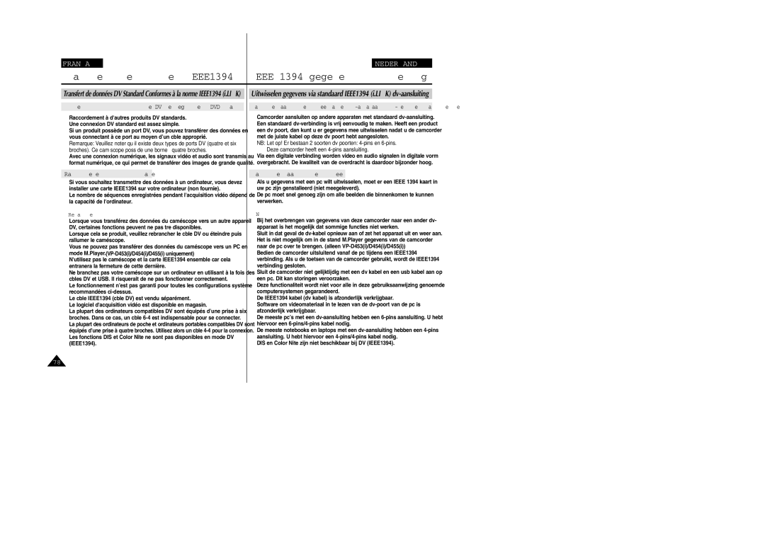 Samsung VP-M110R/XEF manual Transfert de données IEEE1394, Ieee 1394 gegevensuitwisseling, Raccordement à un ordinateur 