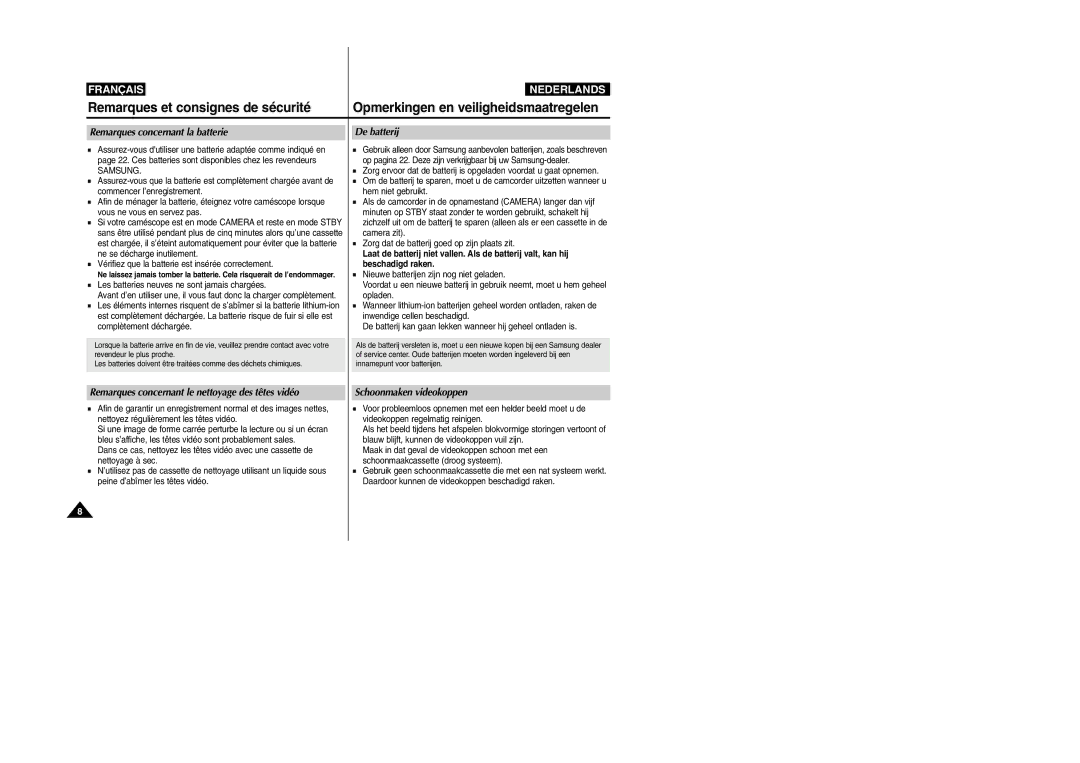 Samsung VP-M110R/XEF manual Remarques concernant la batterie De batterij, Remarques concernant le nettoyage des têtes vidéo 