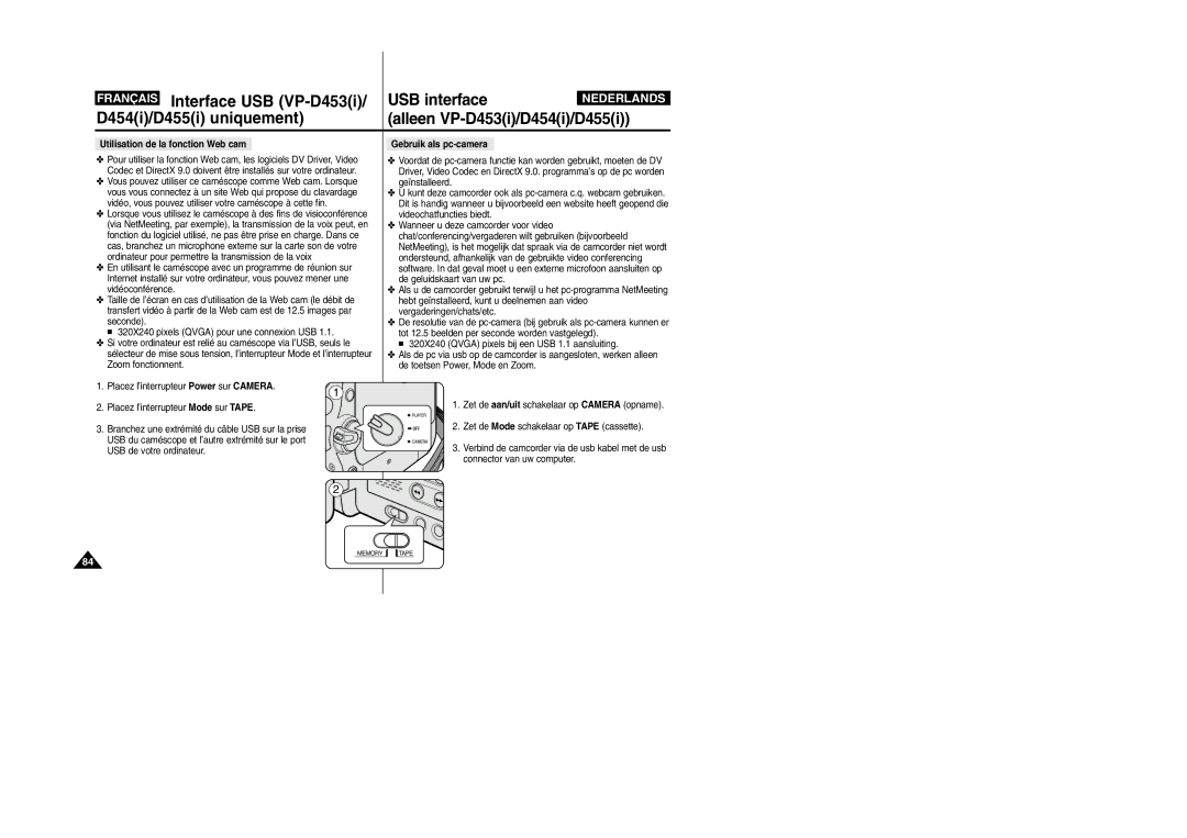 Samsung VP-M110R/XEF manual Utilisation de la fonction Web cam, Gebruik als pc-camera 