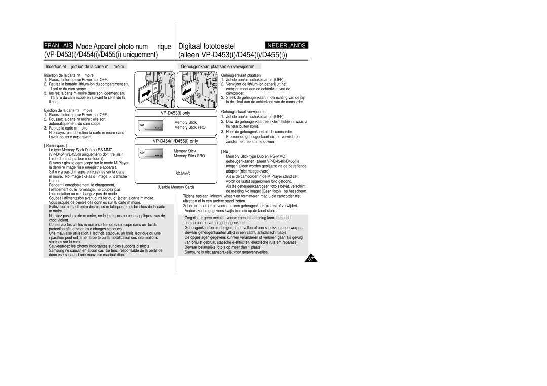 Samsung VP-M110R/XEF manual VP-D453i only, VP-D454i/D455i only 