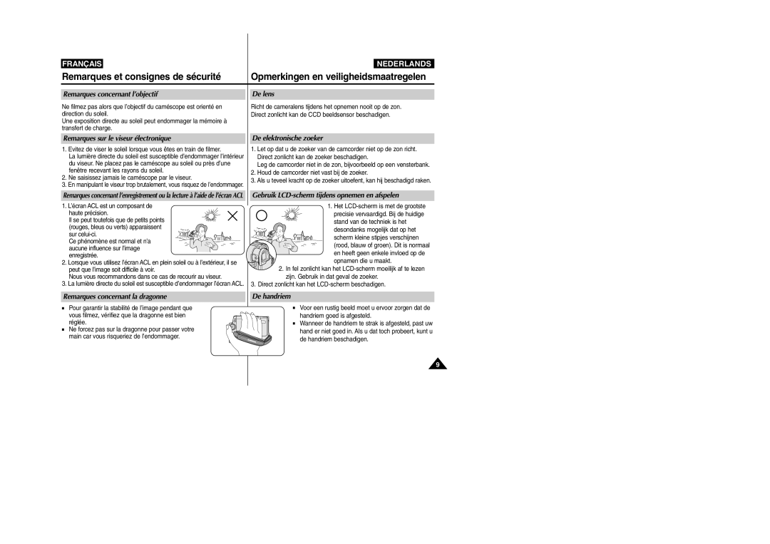 Samsung VP-M110R/XEF manual Remarques concernant l’objectif, De lens, Remarques sur le viseur électronique, De handriem 