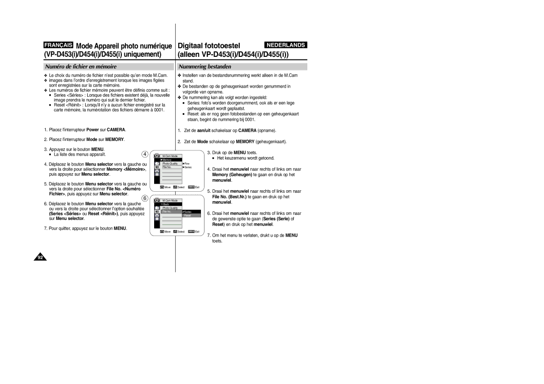 Samsung VP-M110R/XEF manual Numéro de fichier en mémoire, Nummering bestanden 