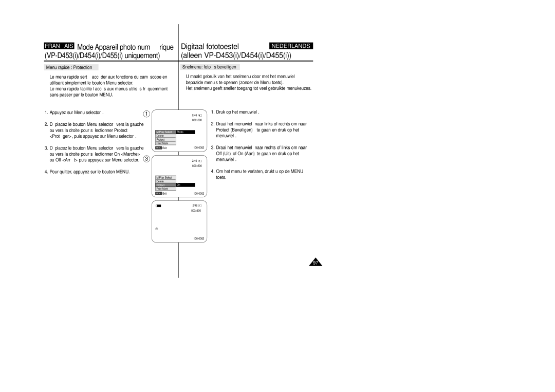 Samsung VP-M110R/XEF manual Menu rapide Protection, Snelmenu foto’s beveiligen 