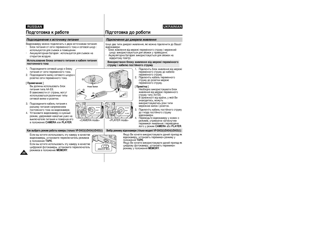 Samsung VP-M110R/XEV manual Èó‰„Óúó‚Í‡ Í ‡·Óúâ, ÈÓ‰ÒÓÂ‰ËÌÂÌËÂ Í ËÒÚÓ˜ÌËÍÛ ÔËÚ‡ÌËﬂ, ¥‰ÍÎ˛˜ÂÌÌﬂ ‰Ó ‰ÊÂÂÎ‡ ÊË‚ÎÂÌÌﬂ, Ëï¥Úí‡ 