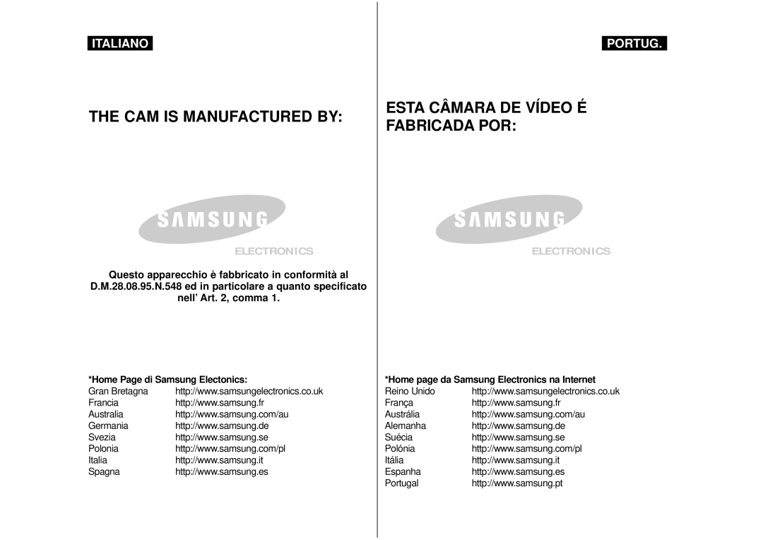 Samsung VP-M110B/XET, VP-M110S/XET manual CAM is Manufactured by Esta Câmara DE Vídeo É Fabricada POR 