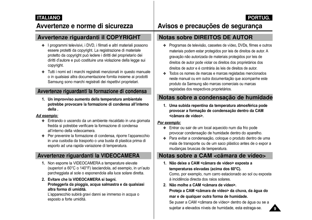 Samsung VP-M110S/XET Avvertenze riguardanti il Copyright, Notas sobre Direitos DE Autor, Notas sobre a CAM câmara de vídeo 