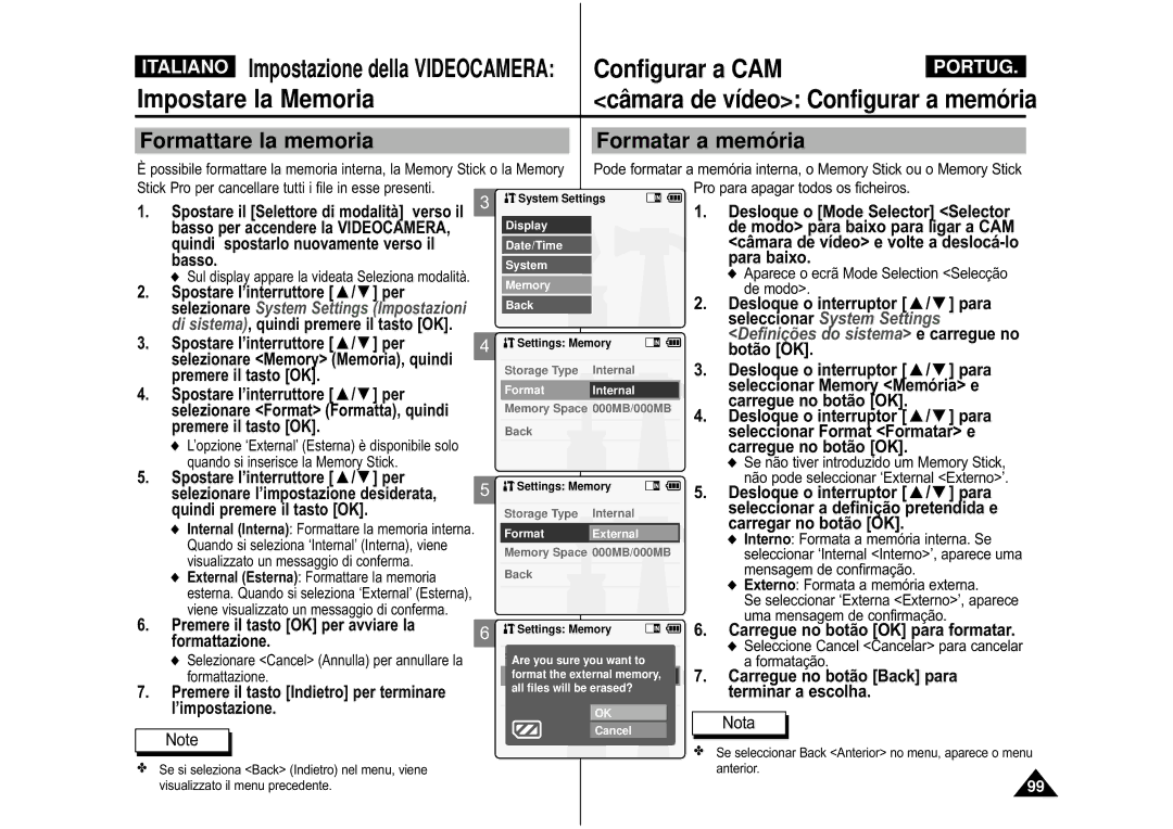 Samsung VP-M110S/XET, VP-M110B/XET manual Formattare la memoria Formatar a memó ria, Carregue no botão OK para formatar 